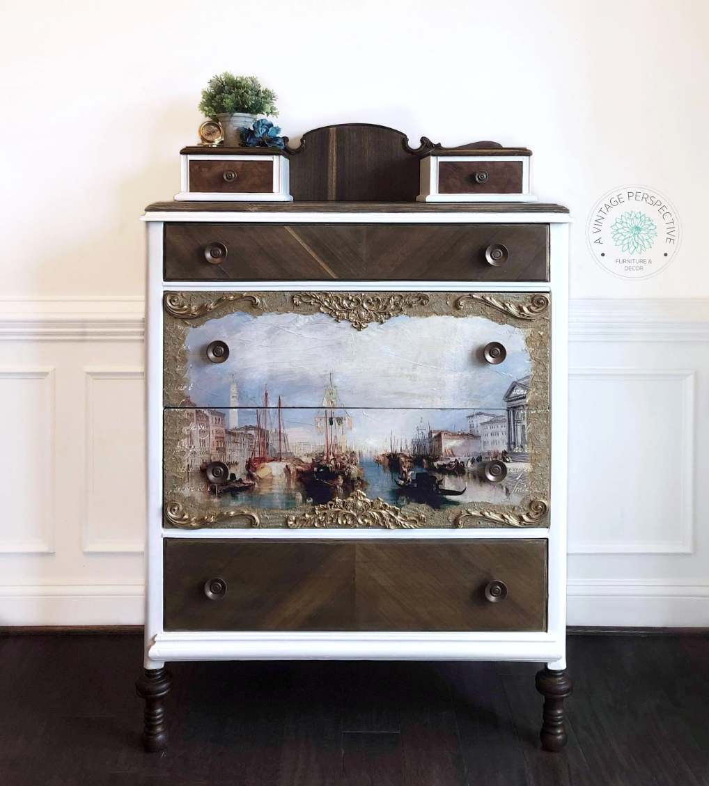 Antique Dresser | Hand Painted Chest of Drawer | Vintage Dresser | Vintage Rustic Furniture | Ornate Tall Dresser | Walnut Dresser