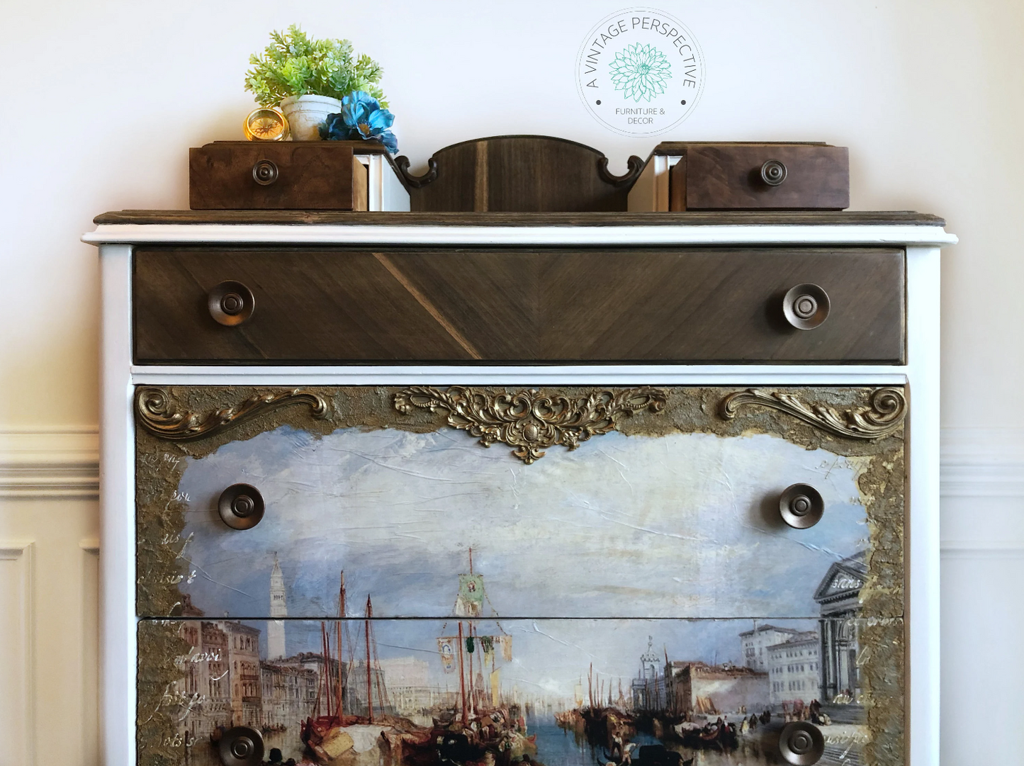 Antique Dresser | Hand Painted Chest of Drawer | Vintage Dresser | Vintage Rustic Furniture | Ornate Tall Dresser | Walnut Dresser