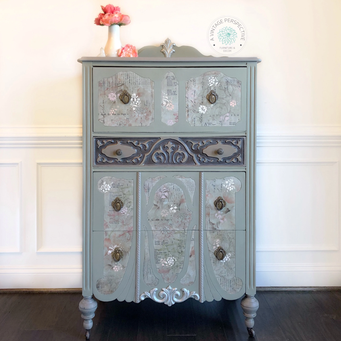 French Country Dresser | Shabby Chic Dresser | Vintage Chest of Drawers | Painted Tall Dresser | Green Floral Dresser | Antique Dresser