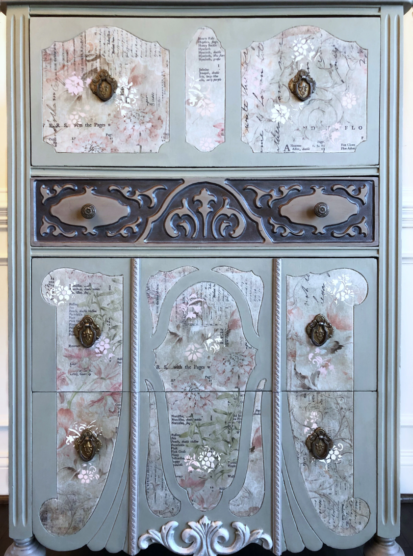 French Country Dresser | Shabby Chic Dresser | Vintage Chest of Drawers | Painted Tall Dresser | Green Floral Dresser | Antique Dresser