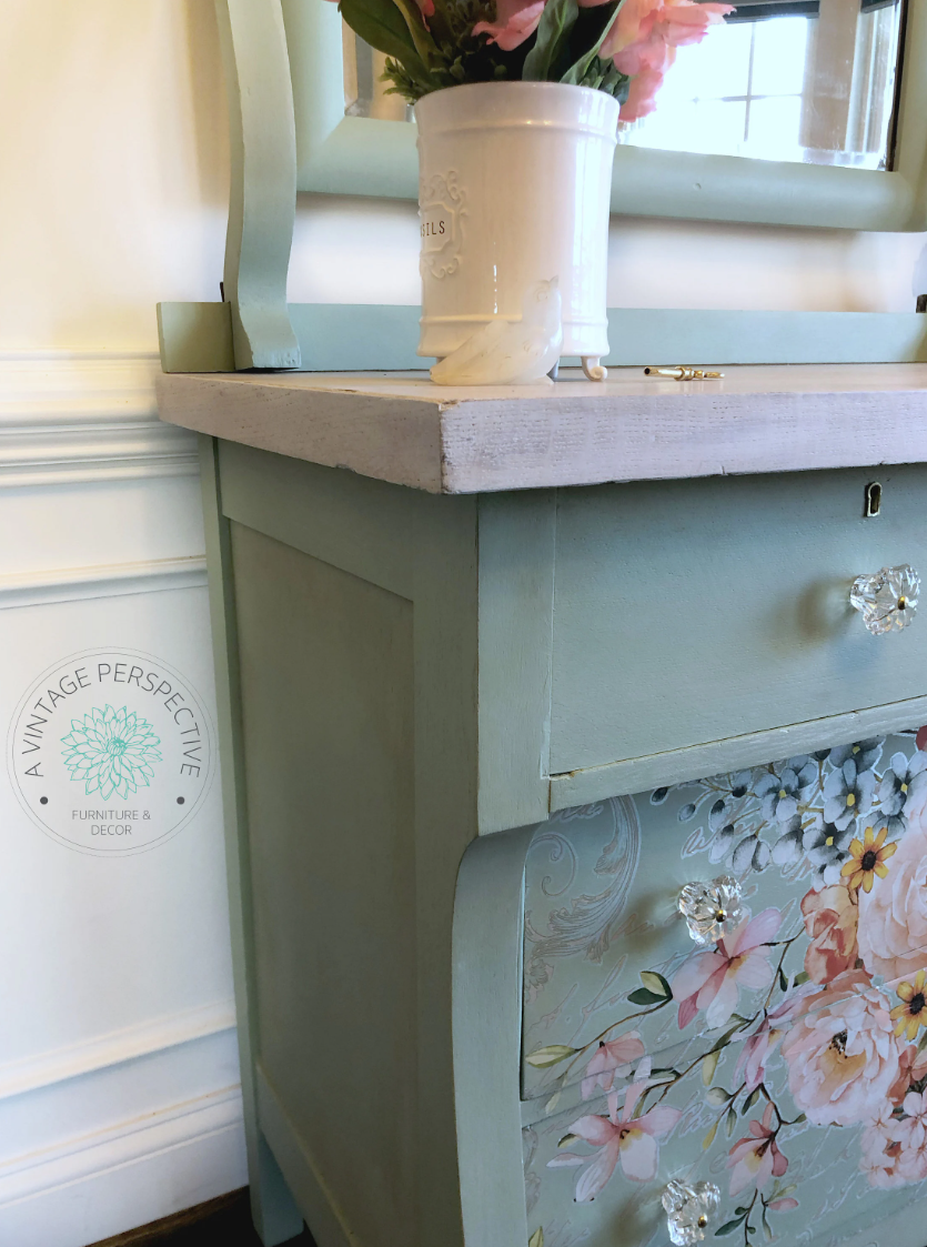 Antique Dresser with Mirror | Chest of Drawers | Bureau | Green and white | French Country | White Washed | Tiger Oak