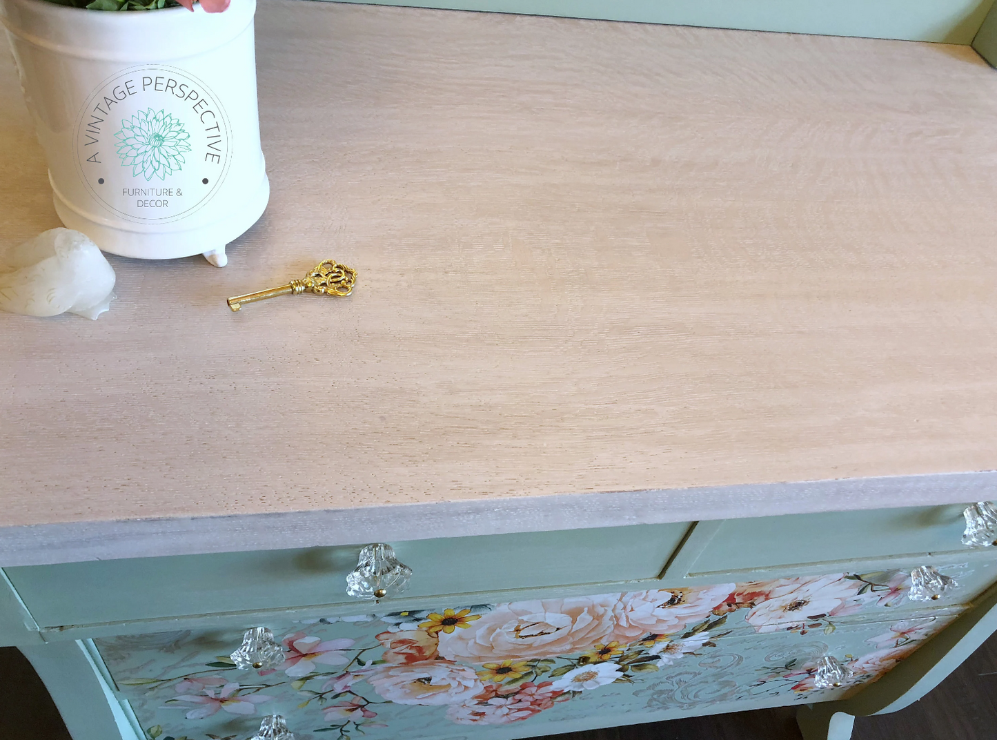 Antique Dresser with Mirror | Chest of Drawers | Bureau | Green and white | French Country | White Washed | Tiger Oak