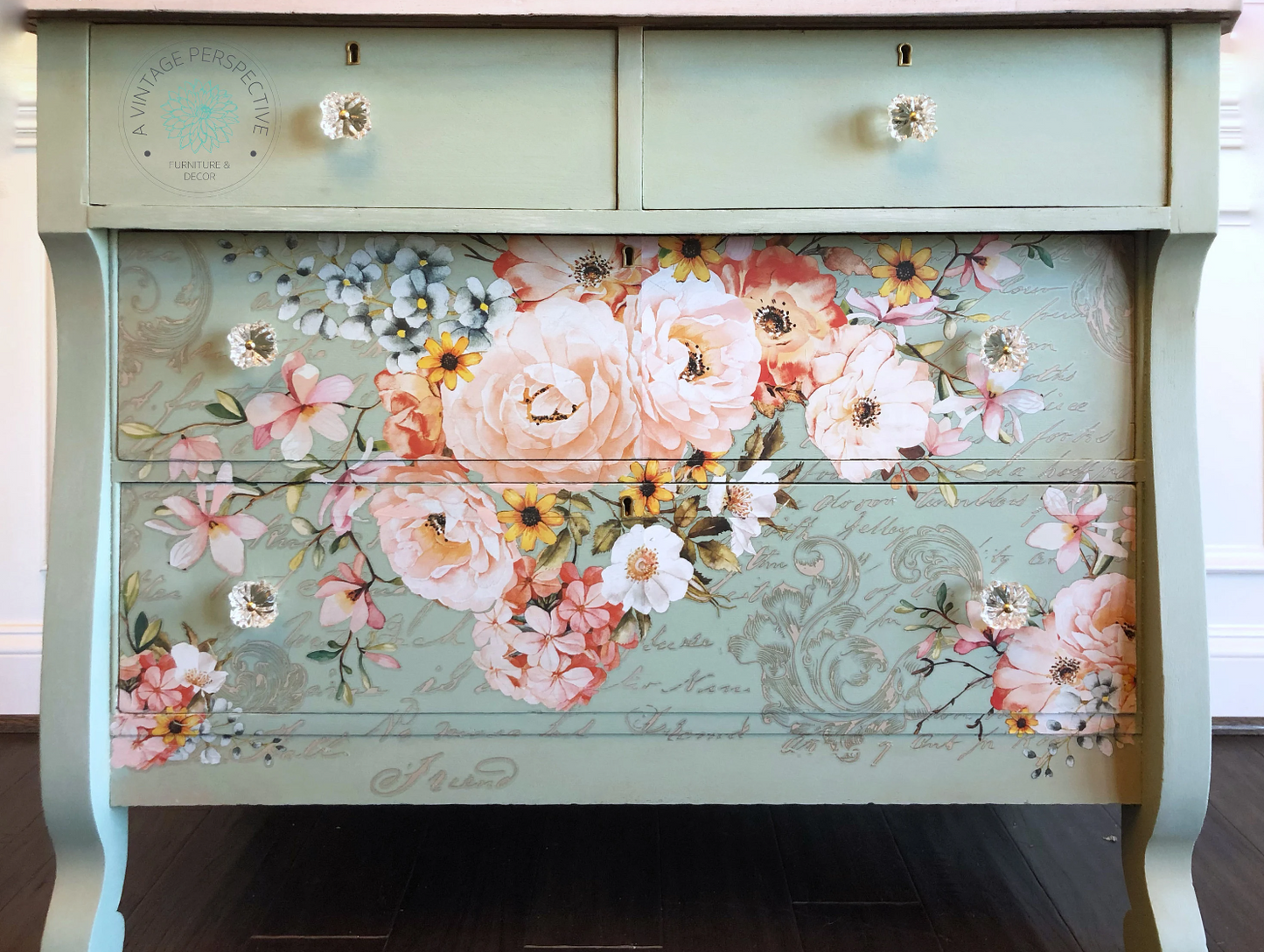 Antique Dresser with Mirror | Chest of Drawers | Bureau | Green and white | French Country | White Washed | Tiger Oak