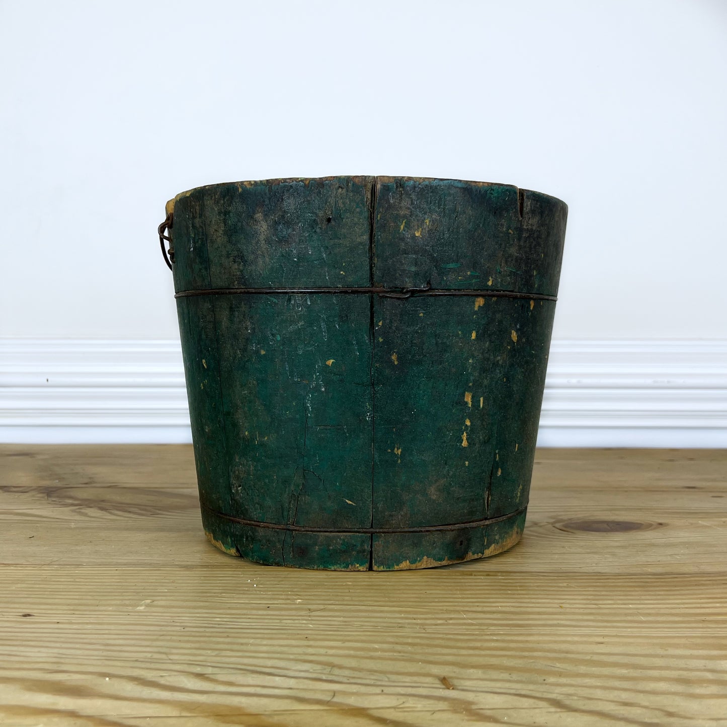 Antique Wire-Wrapped Wooden Bucket | Primitive Wooden Stave Bucket | Antique Dark Green Bucket with Swing Handle