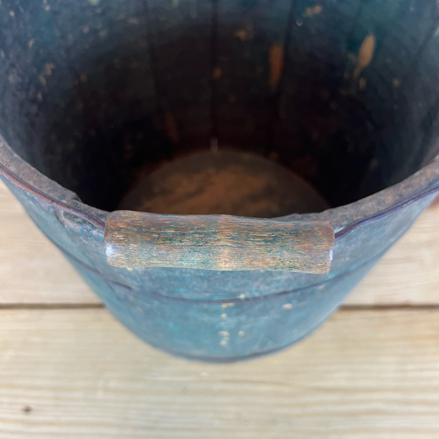 Antique Wire-Wrapped Wooden Bucket | Primitive Wooden Stave Bucket | Antique Dark Green Bucket with Swing Handle
