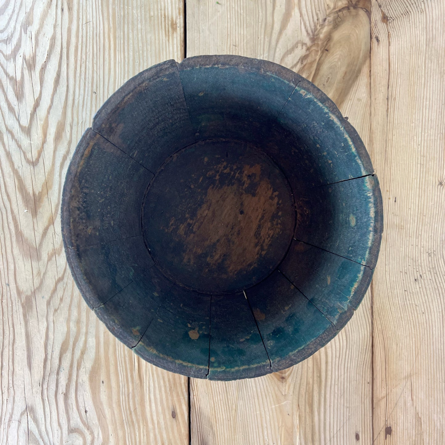 Antique Wire-Wrapped Wooden Bucket | Primitive Wooden Stave Bucket | Antique Dark Green Bucket with Swing Handle