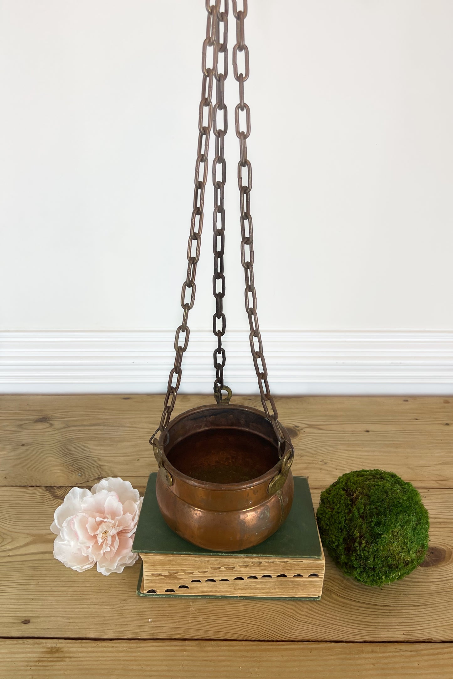 Antique Hammered Hanging Copper Cauldron | Vintage Copper Cauldron Pot with Hanging Chain and Hook