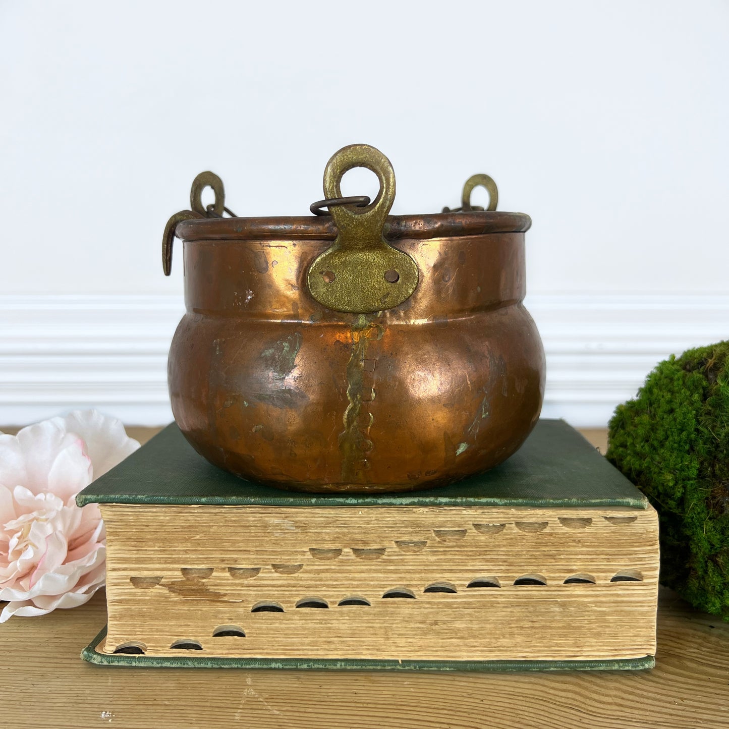 Antique Hammered Hanging Copper Cauldron | Vintage Copper Cauldron Pot with Hanging Chain and Hook