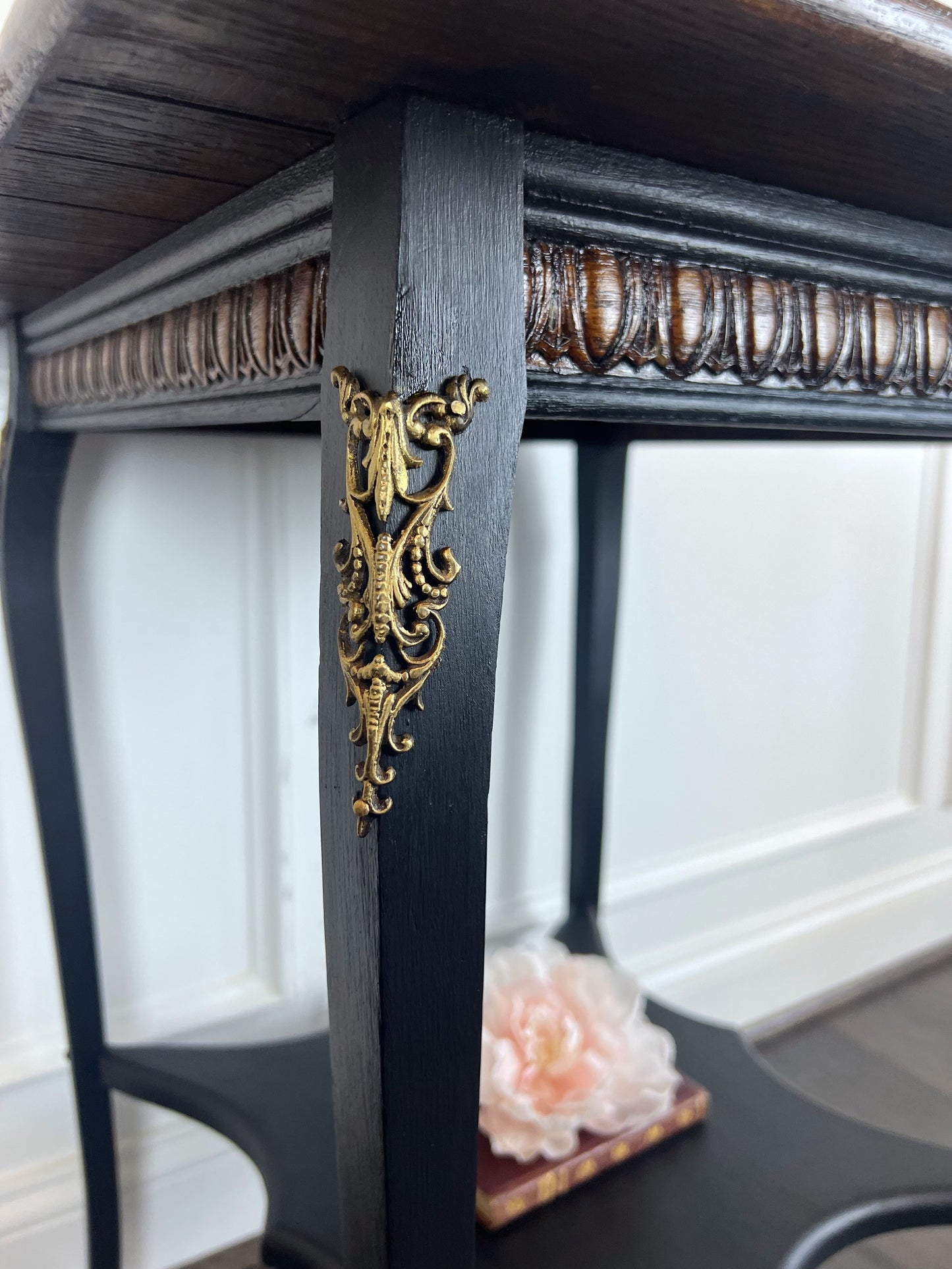 Elegant Antique-Style Black French Accent Table | Gilded Dark Academia End Table | French Ormolu Side Table | Antique-Inspired Moody Accent Table