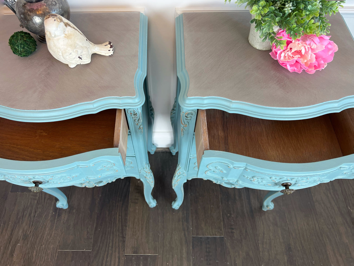 Antique French Provincial Nightstands | Shabby Chic Nightstands | French Country End Tables | French Antique Carved Nightstand Tables