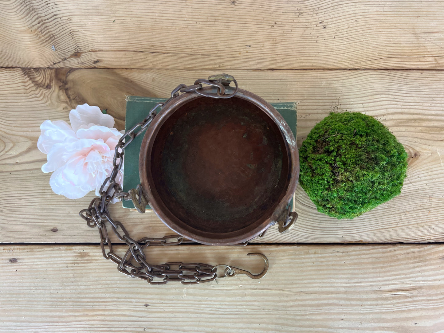 Antique Hammered Hanging Copper Cauldron | Vintage Copper Cauldron Pot with Hanging Chain and Hook