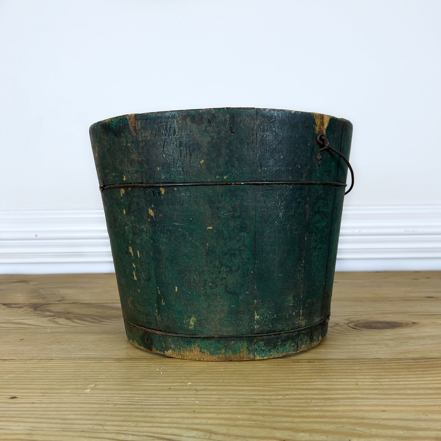Antique Wire-Wrapped Wooden Bucket | Primitive Wooden Stave Bucket | Antique Dark Green Bucket with Swing Handle