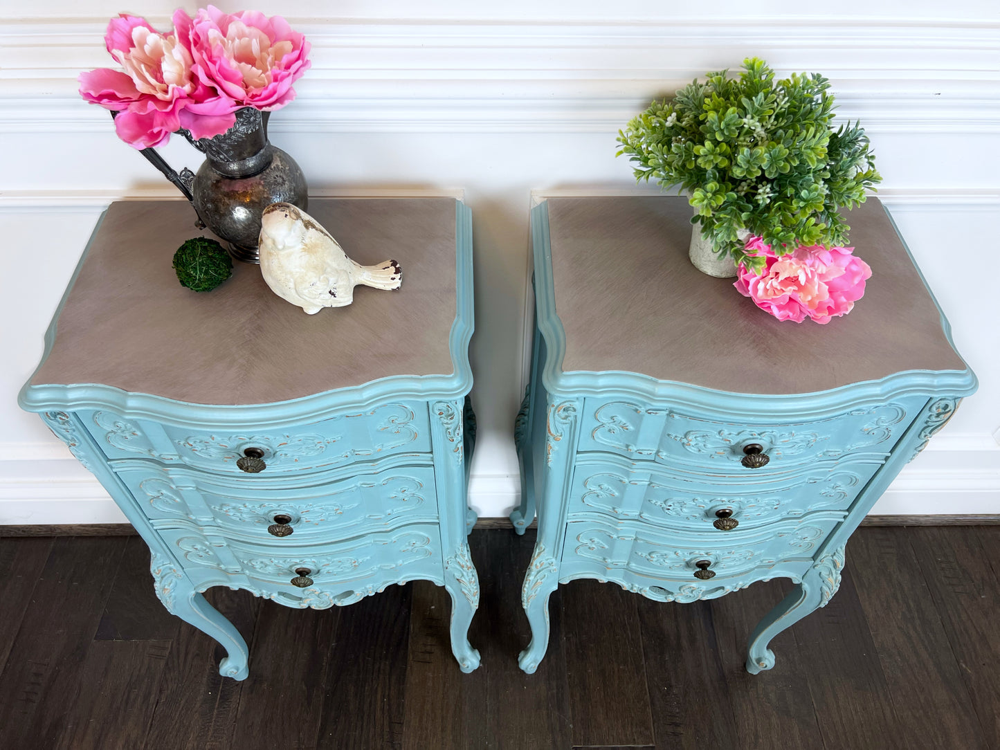 Antique French Provincial Nightstands | Shabby Chic Nightstands | French Country End Tables | French Antique Carved Nightstand Tables