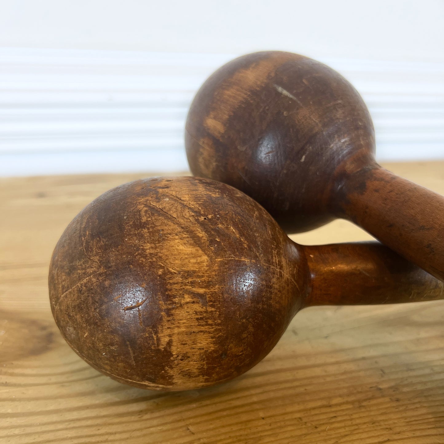 Antique Victorian Wooden Dumbbells | Early 1900s Exercise Weights | Primitive Fitness Equipment | Rustic Gym Decor