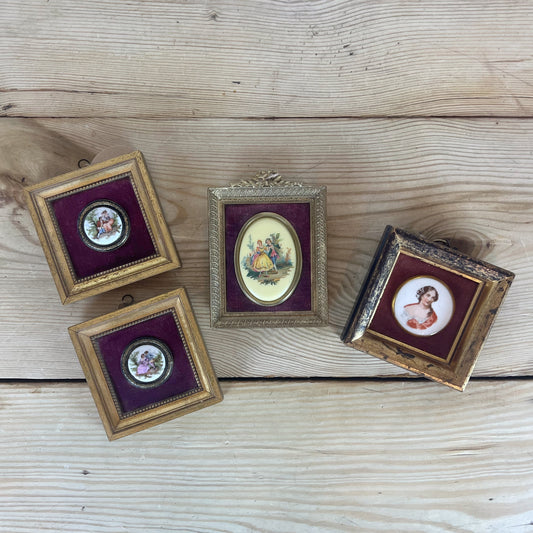 Vintage Porcelain Fragonard Courting Couple & Cameo Miniatures | Velvet-Lined Gilt Frames