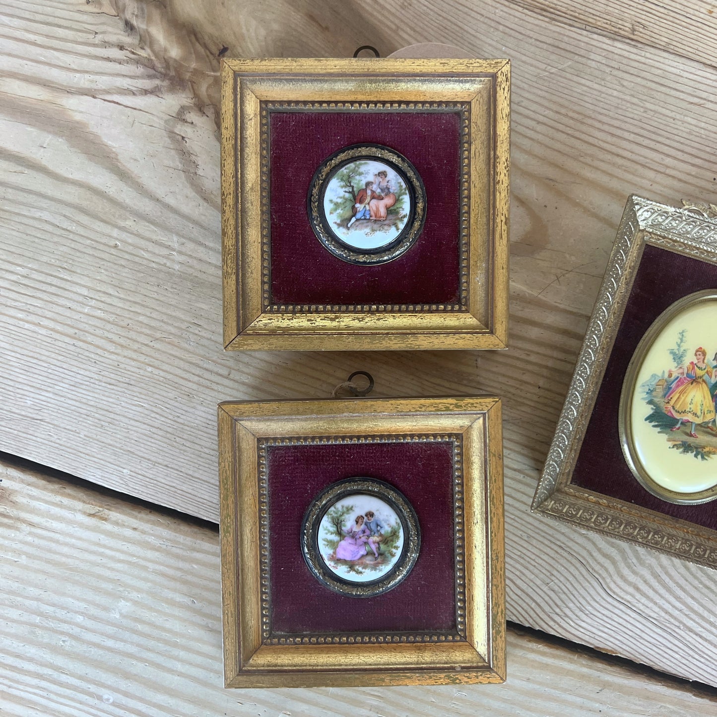 Vintage Porcelain Fragonard Courting Couple & Cameo Miniatures | Velvet-Lined Gilt Frames