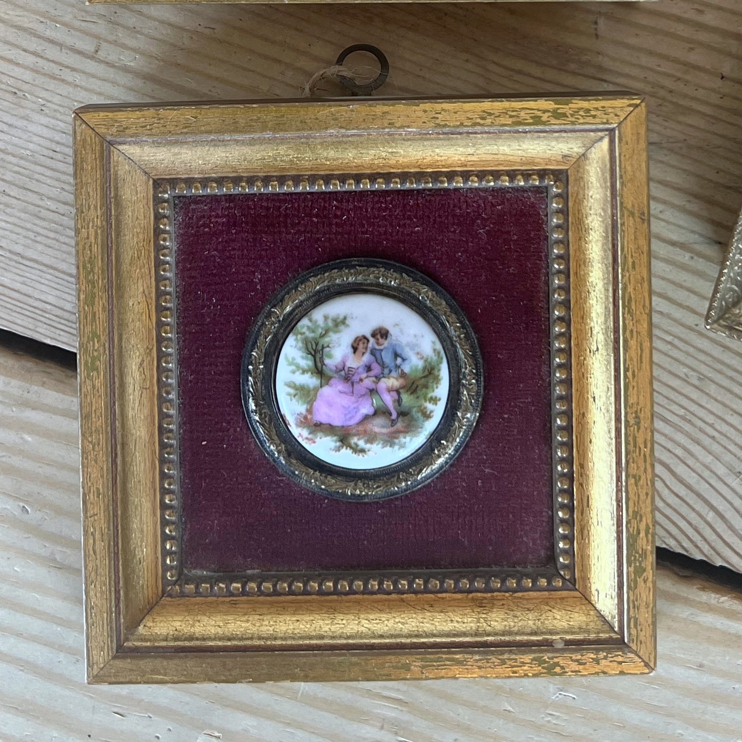 Vintage Porcelain Fragonard Courting Couple & Cameo Miniatures | Velvet-Lined Gilt Frames