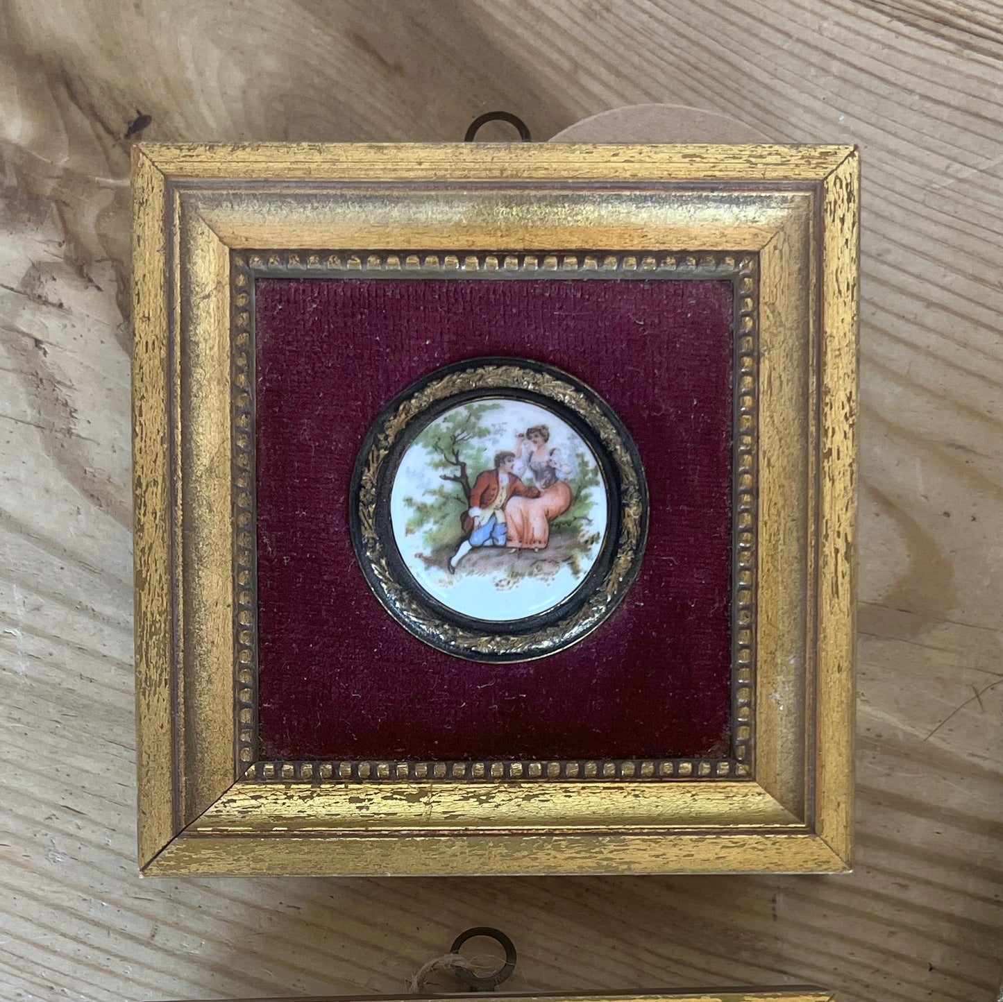Vintage Porcelain Fragonard Courting Couple & Cameo Miniatures | Velvet-Lined Gilt Frames