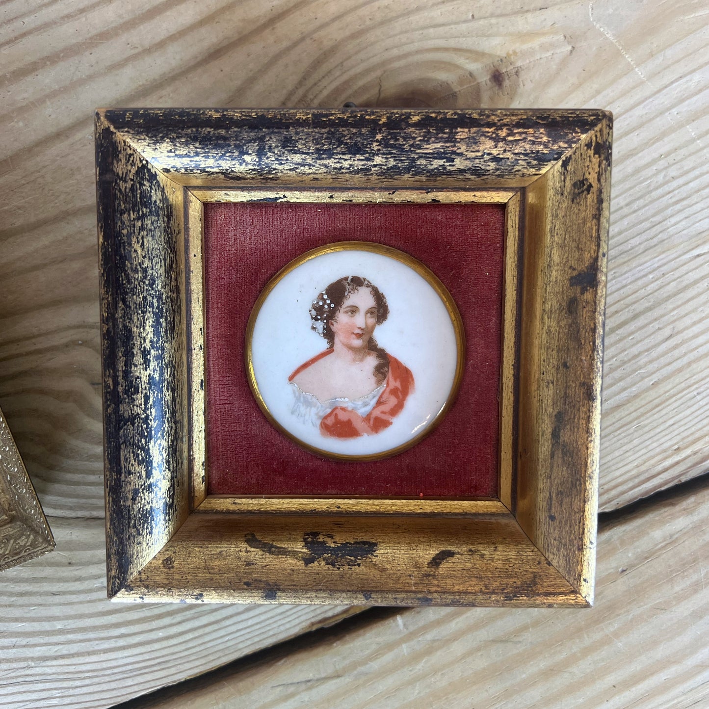 Vintage Porcelain Fragonard Courting Couple & Cameo Miniatures | Velvet-Lined Gilt Frames