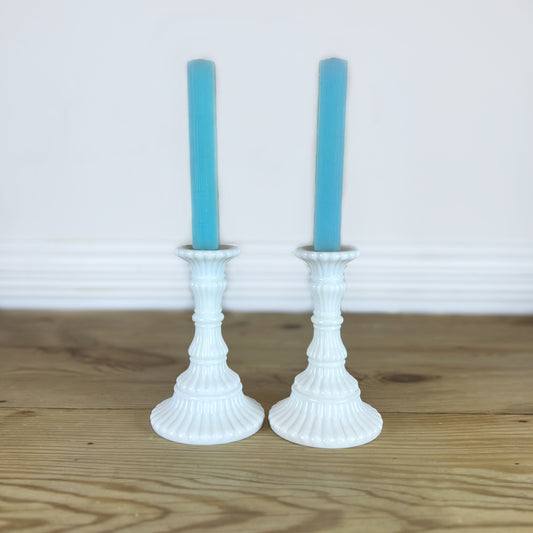 Vintage 1950s Milk Glass Candlestick Holders – Set of 2 | Mid-Century White Glass Candle Holders