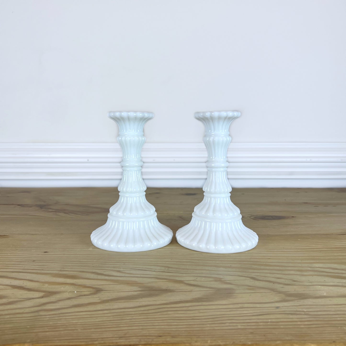Vintage 1950s Milk Glass Candlestick Holders – Set of 2 | Mid-Century White Glass Candle Holders