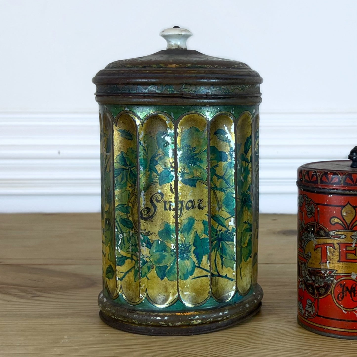 Antique Victorian Sugar Tin | Antique Tea Tin | Late 1800s Lithographed Pantry Canister | Floral Toleware