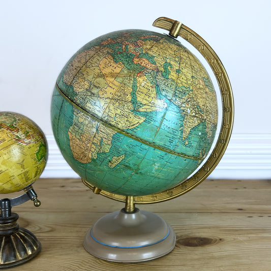 Vintage 10.5 Inch Terrestrial Globe by The George F. Cram Co. (c. 1935–1949) – Paper Panel World Globe Metal Meridian Stand | Vintage 5 Inch Yellow World Globe on Ornate Metal Stand