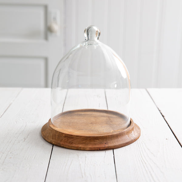 Glass and Wood Cloche | Farmhouse Table Decor | Rustic Tray | Rustic Round Tray | Wood and Glass Table Centerpiece | Vintage Tabletop Decor
